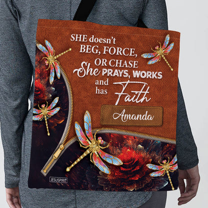 She Prays, Works, And Has Faith - Gorgeous Personalized Tote Bag NUH274