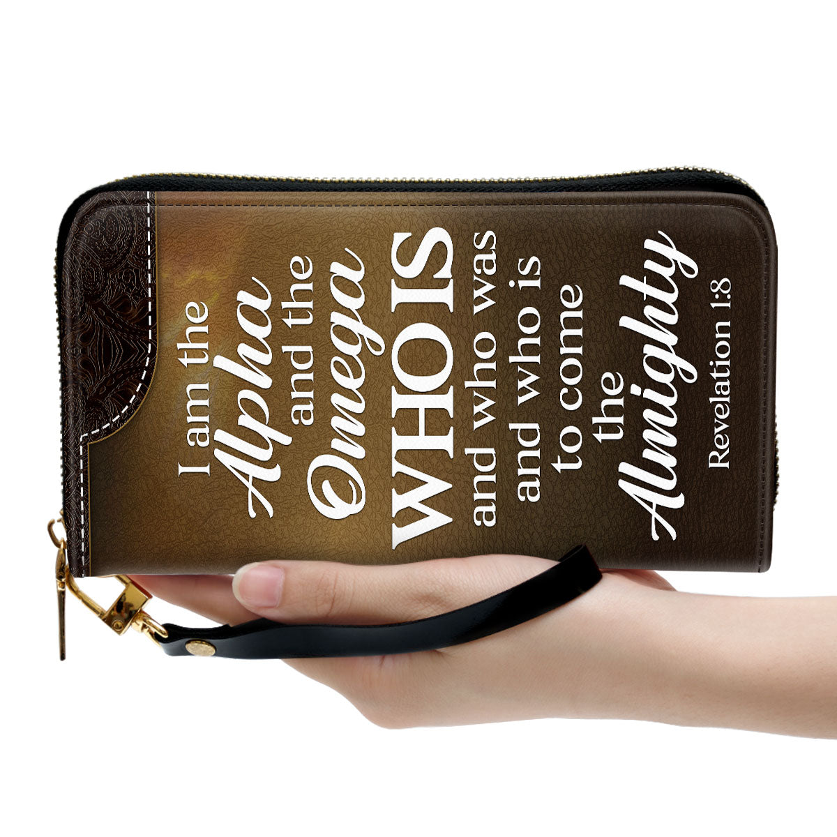 Jesuspirit | Personalized Zippered Leather Clutch Purse | I Am The Alpha And The Omega | Revelation 1:8 | Christ Gifts With Bible Scripture For Women NUM457C