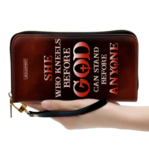 Jesuspirit | Personalized Zippered Leather Christian Clutch Purse | Inspirational Gifts For Religious Women | Who Kneels Before God Can Stand Before Anyone NUM381C