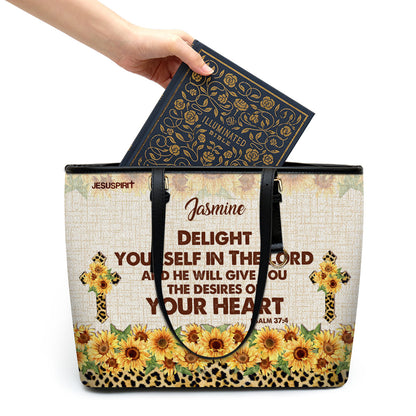 Jesuspirit | Delight Yourself In The Lord | Psalm 37:4 | Sunflower And Cross | Personalized Large Leather Tote Bag HN152