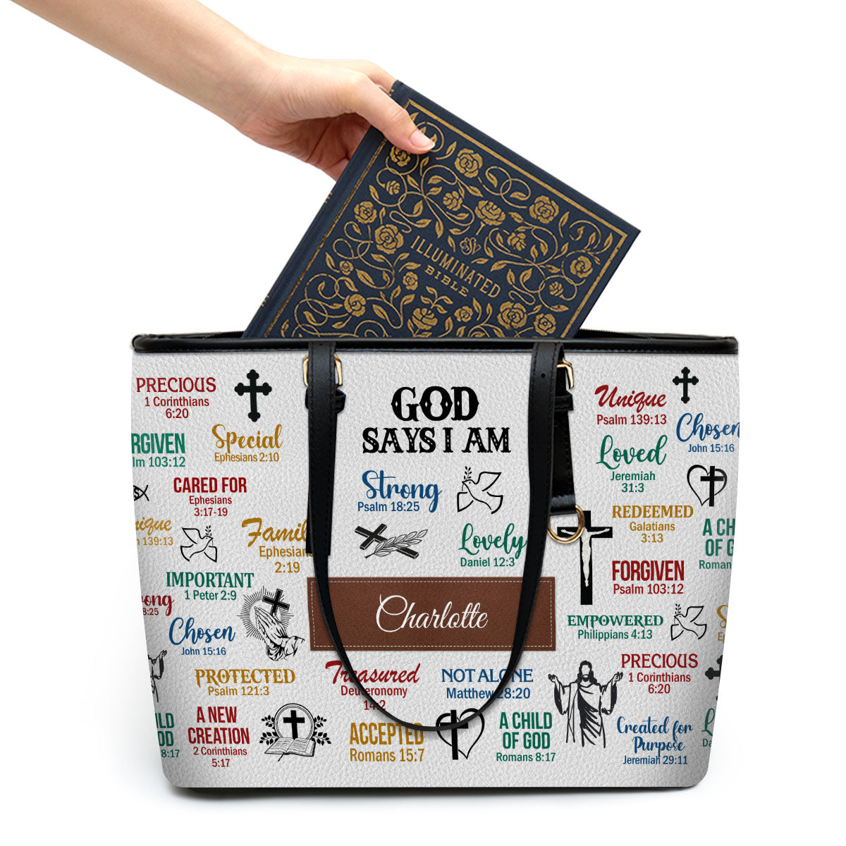 Jesuspirit | What God Says About You | Personalized Large Leather Tote Bag With Long Strap | Christ Gifts For Religious Women LLTBH742