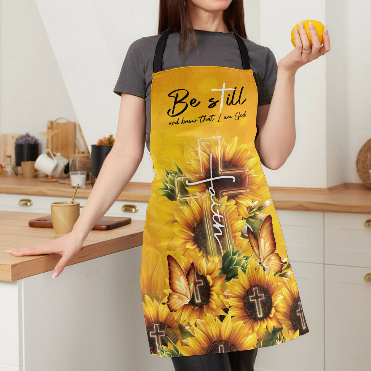 Jesuspirit | Psalm 46:10 | Be Still And Know That I Am God | Sunflower & Faith Cross | Apron With Tie Back Closure HN109