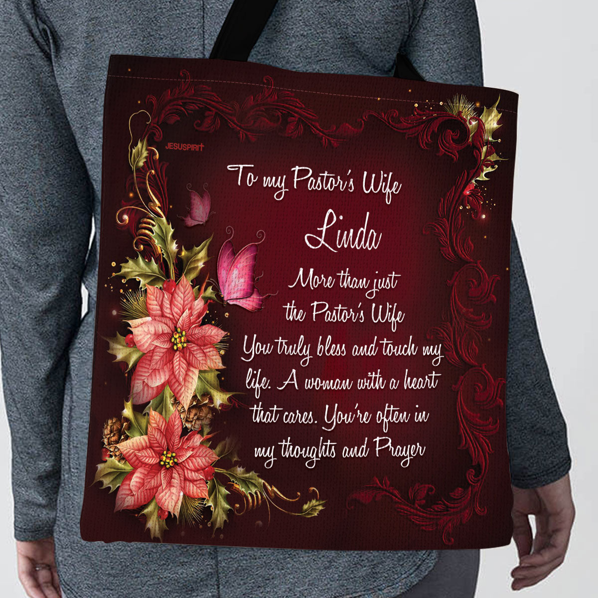 Jesuspirit | Gorgeous Personalized Tote Bag For Pastor's Wife | Flower And Butterfly | A Woman With A Heart That Cares TBH715