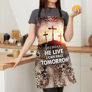 Jesuspirit | Religious Gift For Christians | Leopard Pattern And Cross | Because He Lives I Can Face Tomorrow | Apron With Neck Strap A03