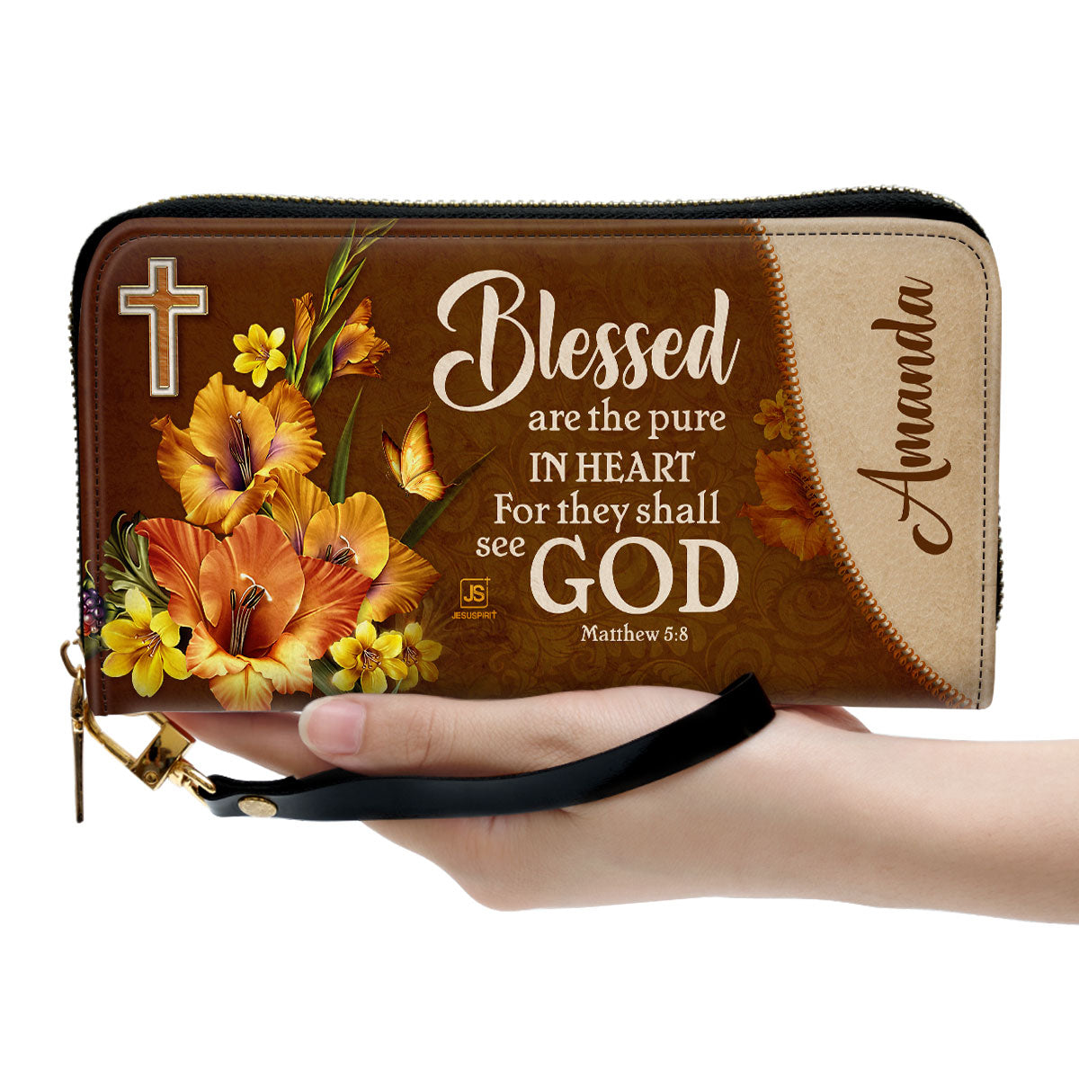 Jesuspirit | Personalized Zippered Leather Clutch Purse | Matthew 5:8 | Blessed Are The Pure In Heart | Gift For Christian Friends CPHN609