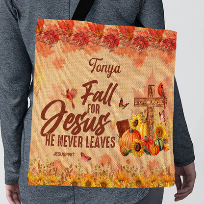 Jesuspirit | Personalized Autumn Season Tote Bag | Fall For Jesus He Never Leaves | Pumpkin & Sunflower DM29