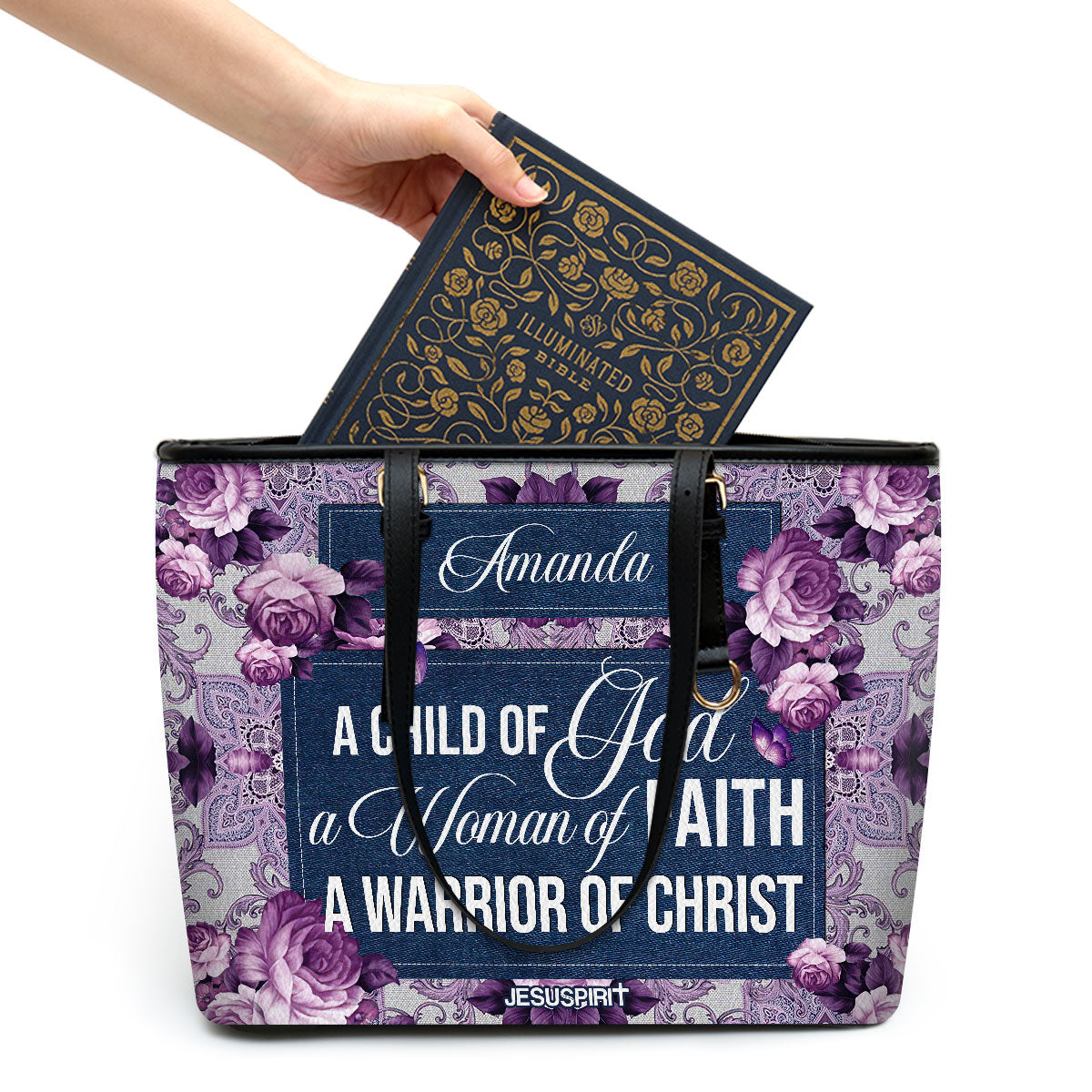 Jesuspirit | Flower And Butterfly | Personalized Purple Large Leather Tote Bag | A Child Of God M19