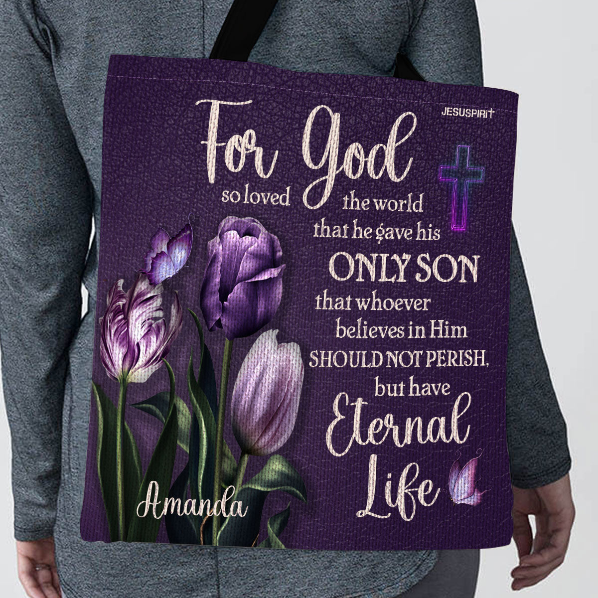 Jesuspirit | Beautiful Purple Personalized Tote Bag | For God So Loved The World | Tulip And Butterfly TBHN26