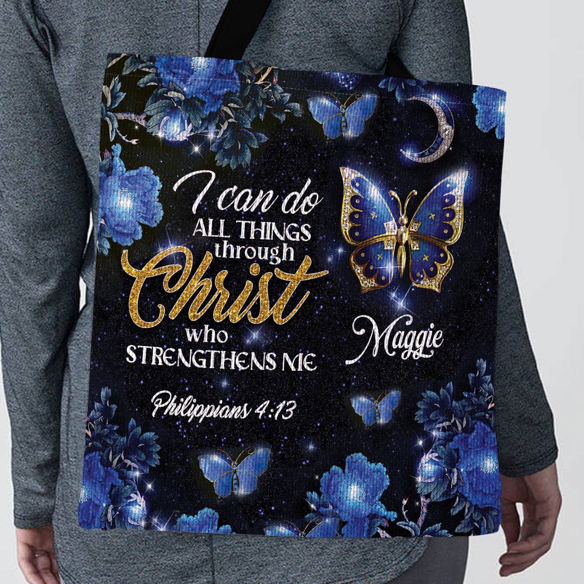 Elegant Personalized Butterfly And Flower Tote Bag - I Can Do All Things Through Christ NM143