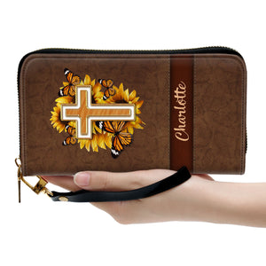 Jesuspirit | Inspiration Gifts For Christian Women | Personalized Zippered Leather Clutch Purse | Sunflower And Cross CPHN653
