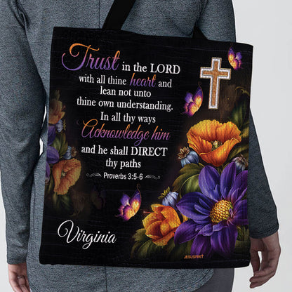 Jesuspirit Personalized Tote Bag | Trust In The Lord With All Your Heart | Proverbs 3:5-6 | Cross And Flower TBH22