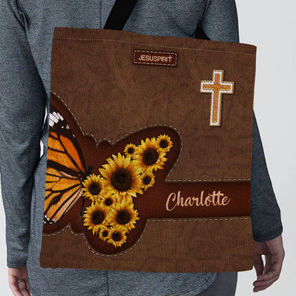 Jesuspirit Personalized Tote Bag | Butterfly & Sunflower | Religious Gifts For Women Of God TBHN653