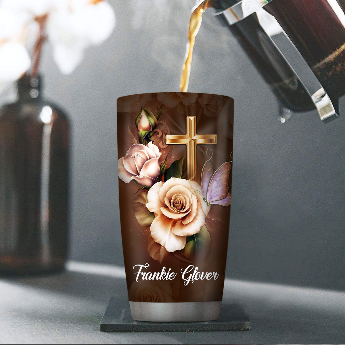 Jesuspirit | Personalized Stainless Steel Tumbler 20oz | Hebrews 11:1 | Faith Is The Substance Of Things Hoped | Rose & Cross H106