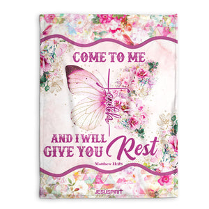 Jesuspirit Gorgeous Fleece Blanket | Flower And Butterfly | Matthew 11:28 | Come To Me And I Will Give You Rest FBHN613