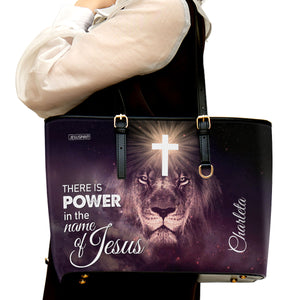 Special Personalized Lion Large Leather Tote Bag - There Is Power In The Name Of Jesus H01