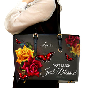 Adorable Personalized Rose Large Leather Tote Bag - Not Luck, Just Blessed H08