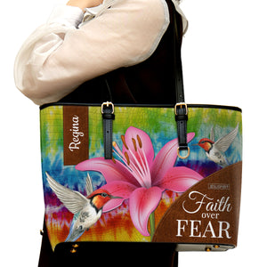 Pretty Personalized Large Leather Tote Bag - Faith Over Fear H09