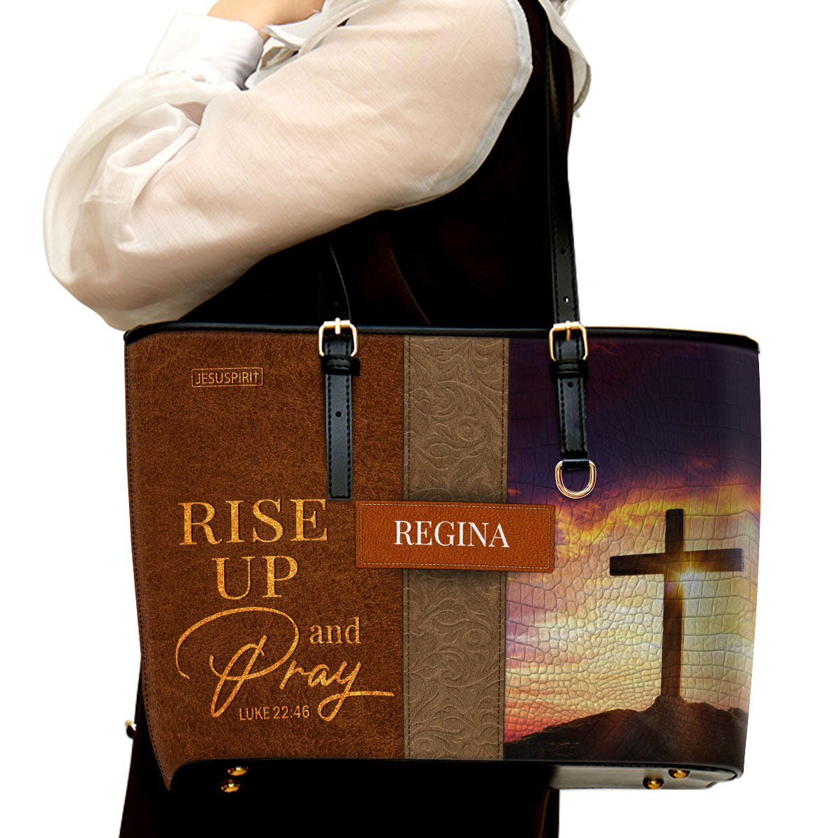 Rise Up And Pray - Unique Personalized Cross Large Leather Tote Bag H10