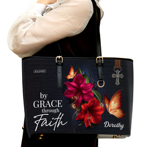 Pretty Personalized Large Leather Tote Bag - By Grace Through Faith H14