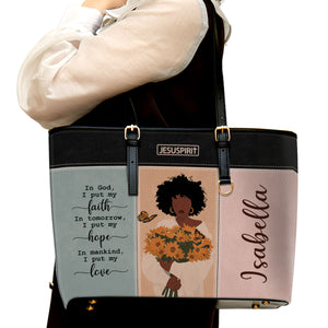Pretty Personalized Large Leather Tote Bag - I Put My Faith In God HHN390