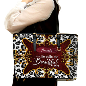 Special Personalized Large Leather Tote Bag - He Calls Me Beautiful One HIHN271