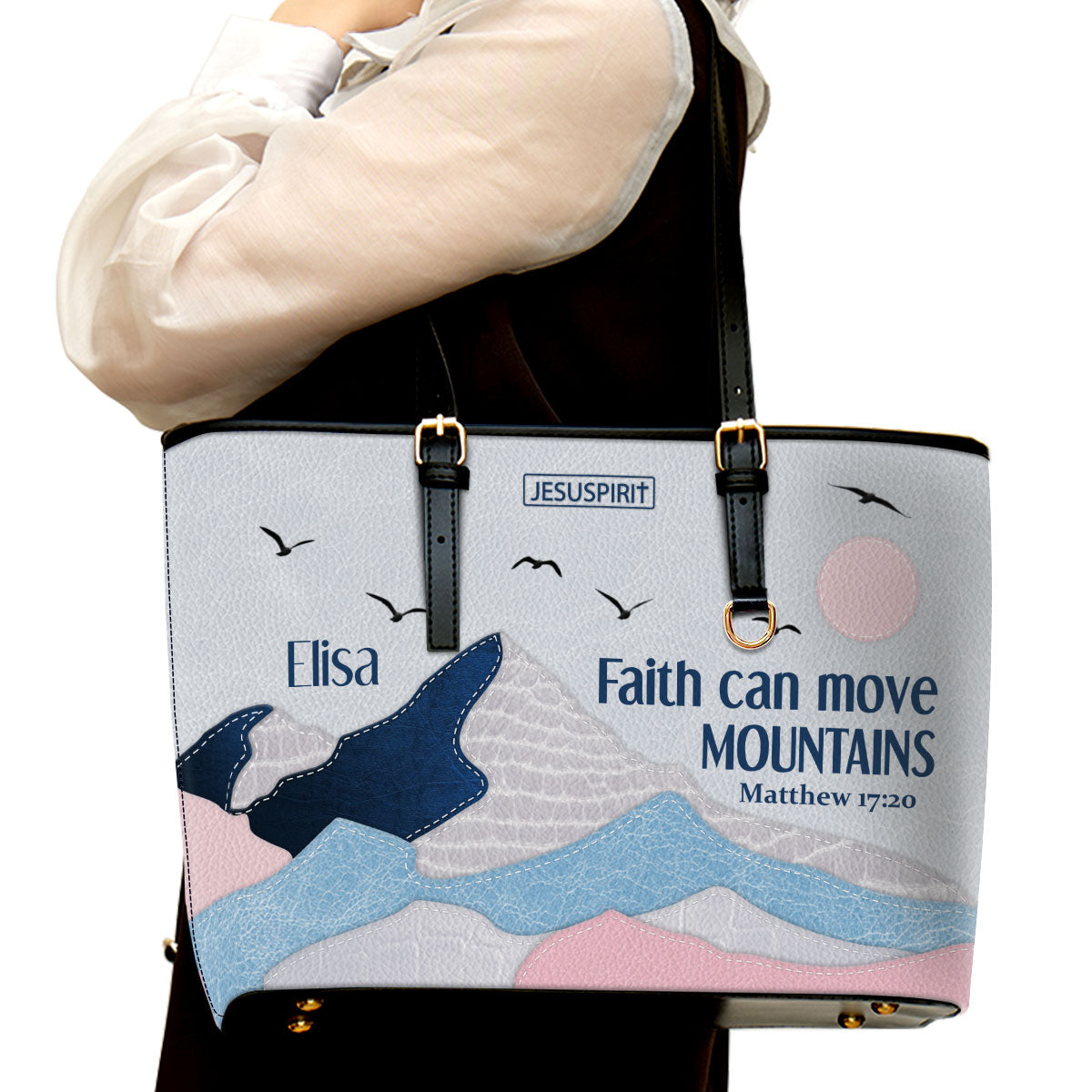 Faith Can Move Mountains - Unique Personalized Large Leather Tote Bag HIHN289