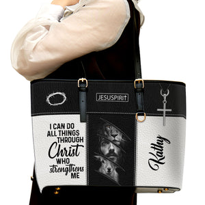 Personalized Large Leather Tote Bag - I Can Do All Things Through Christ HIHN314