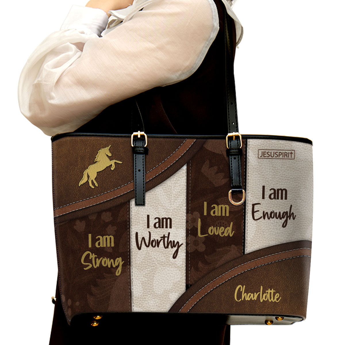 Special Personalized Large Leather Tote Bag - I Am Worthy HN11