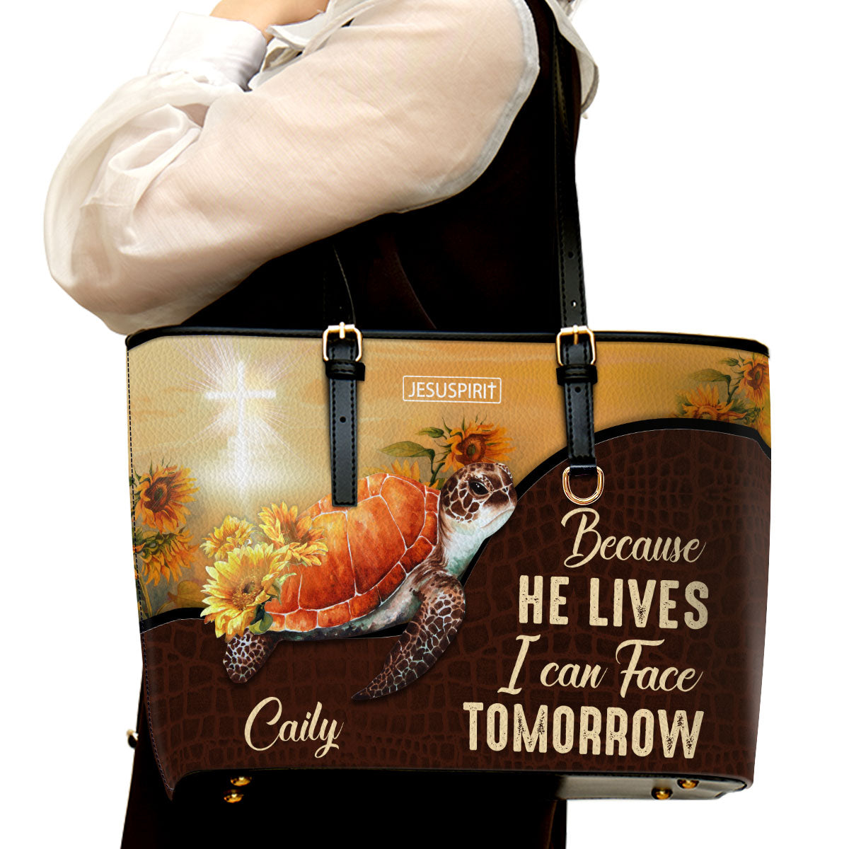 Because He Lives, I Can Face Tomorrow - Unique Personalized Large Leather Tote Bag M09