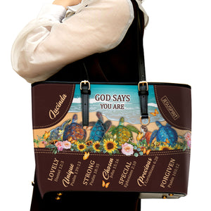 Lovely Personalized Turtle Large Leather Tote Bag - God Says You Are Special M13
