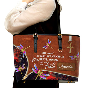 Beautiful Personalized Large Leather Tote Bag - She Prays, Works, And Has Faith NUH274