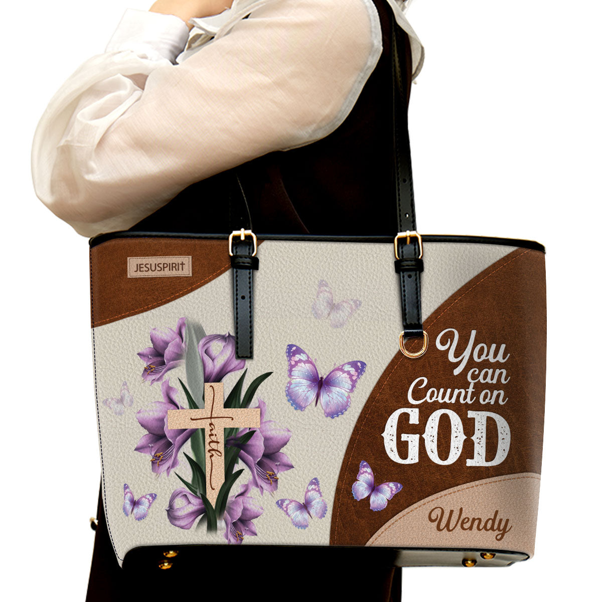 Personalized Large Leather Tote Bag - You Can Count On God NUH332