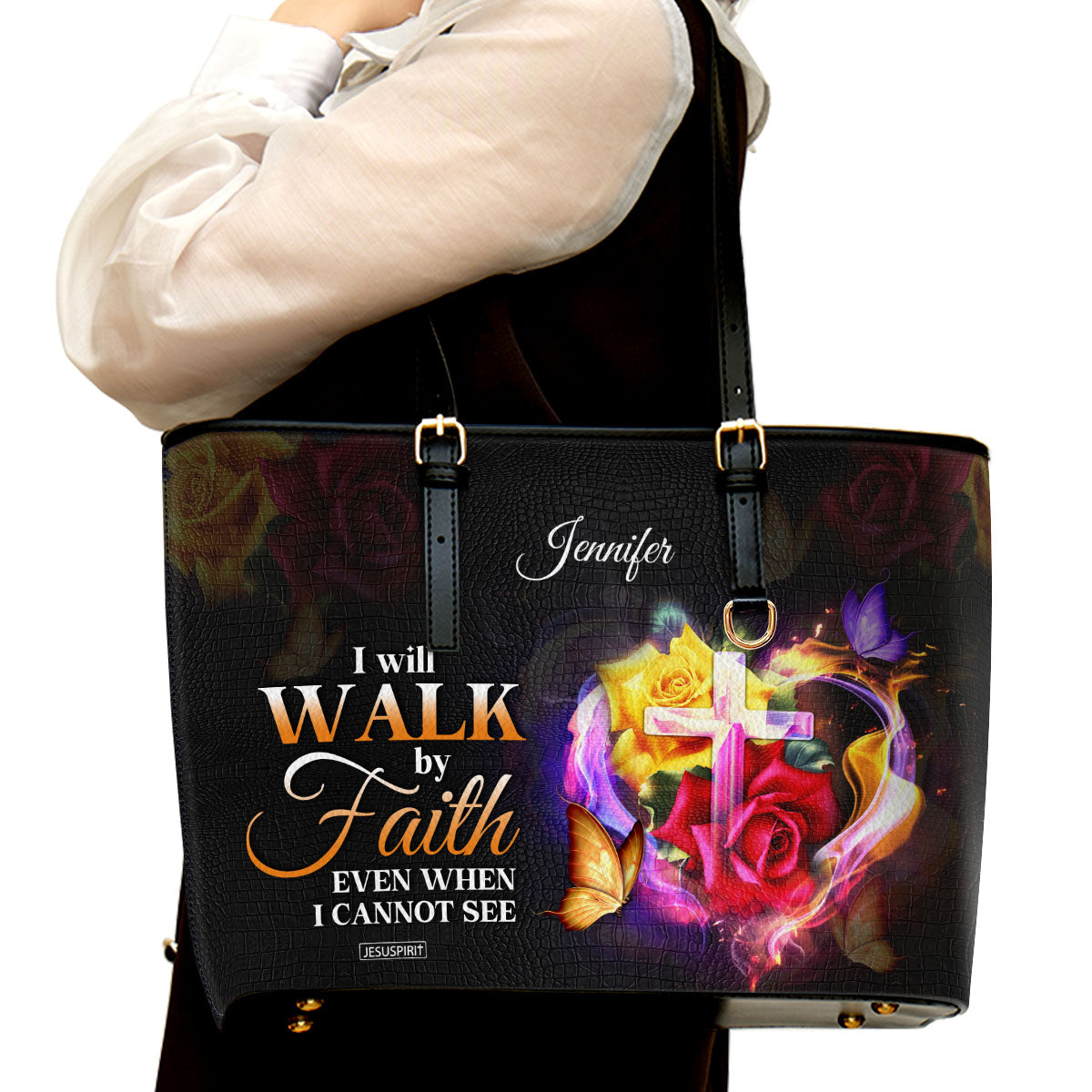 Lovely Personalized Large Leather Tote Bag - I Will Walk By Faith Even When I Cannot See NUH433