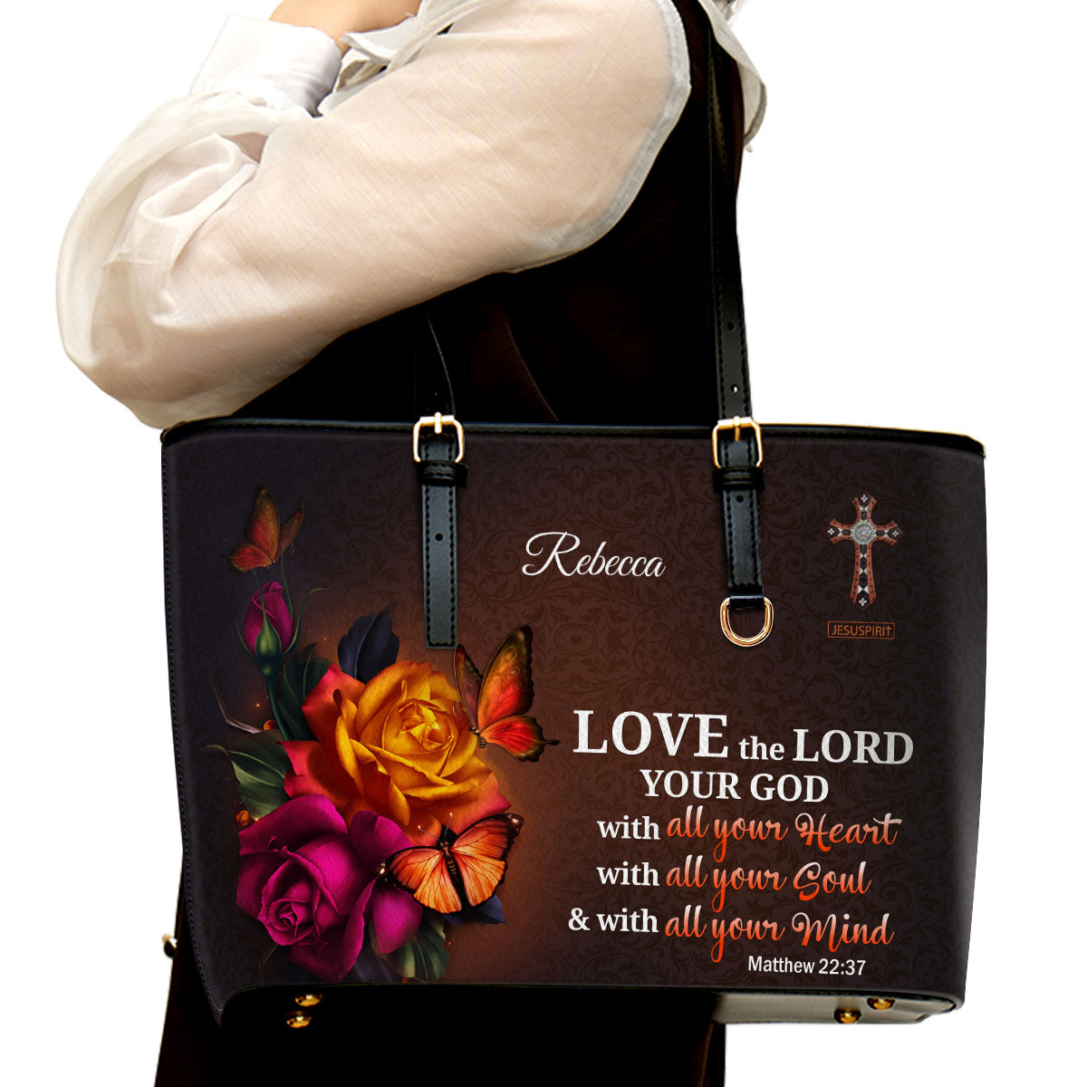 Special Personalized Large Leather Tote Bag - Love The Lord Your God With All Your Heart NUH469