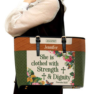 She Is Clothed With Strength And Dignity - Personalized Large Leather Tote Bag NUHN307