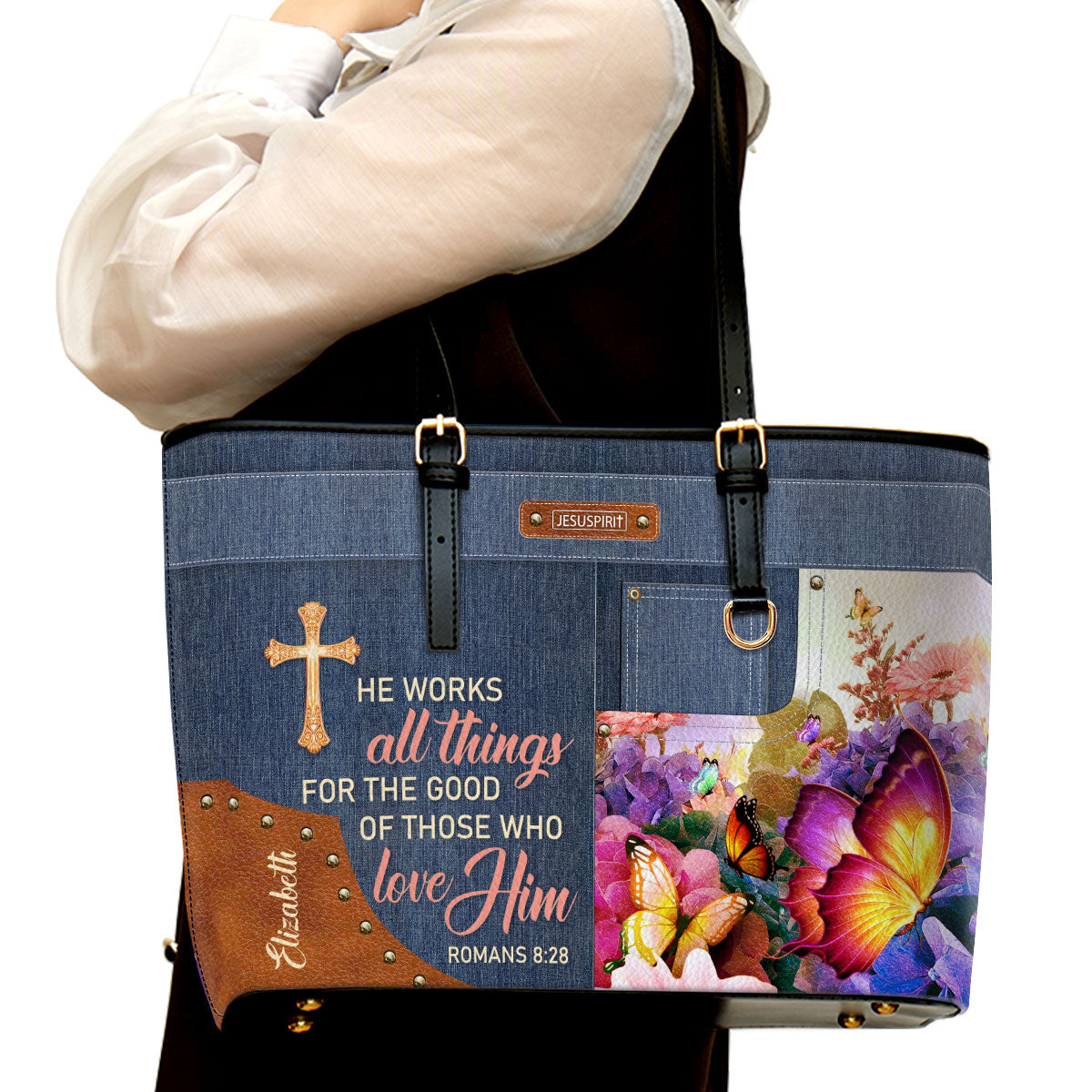 Personalized Large Leather Tote Bag - He Works All Things For The Good Of Those Who Love Him NUM315