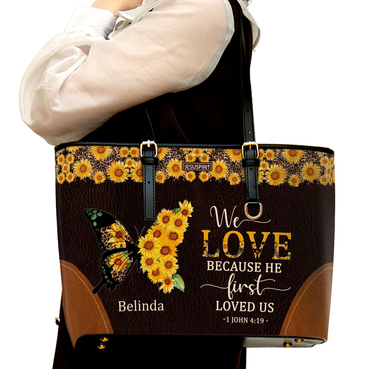 We Love Because He First Loved Us - Special Personalized Large Leather Tote Bag NUM444