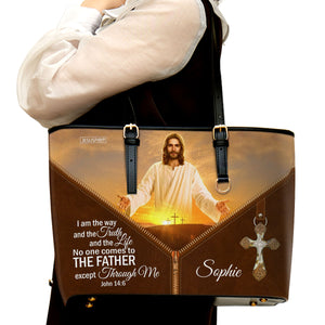 Personalized Large Leather Tote Bag -I Am The Way And The Truth And The Life NUM445