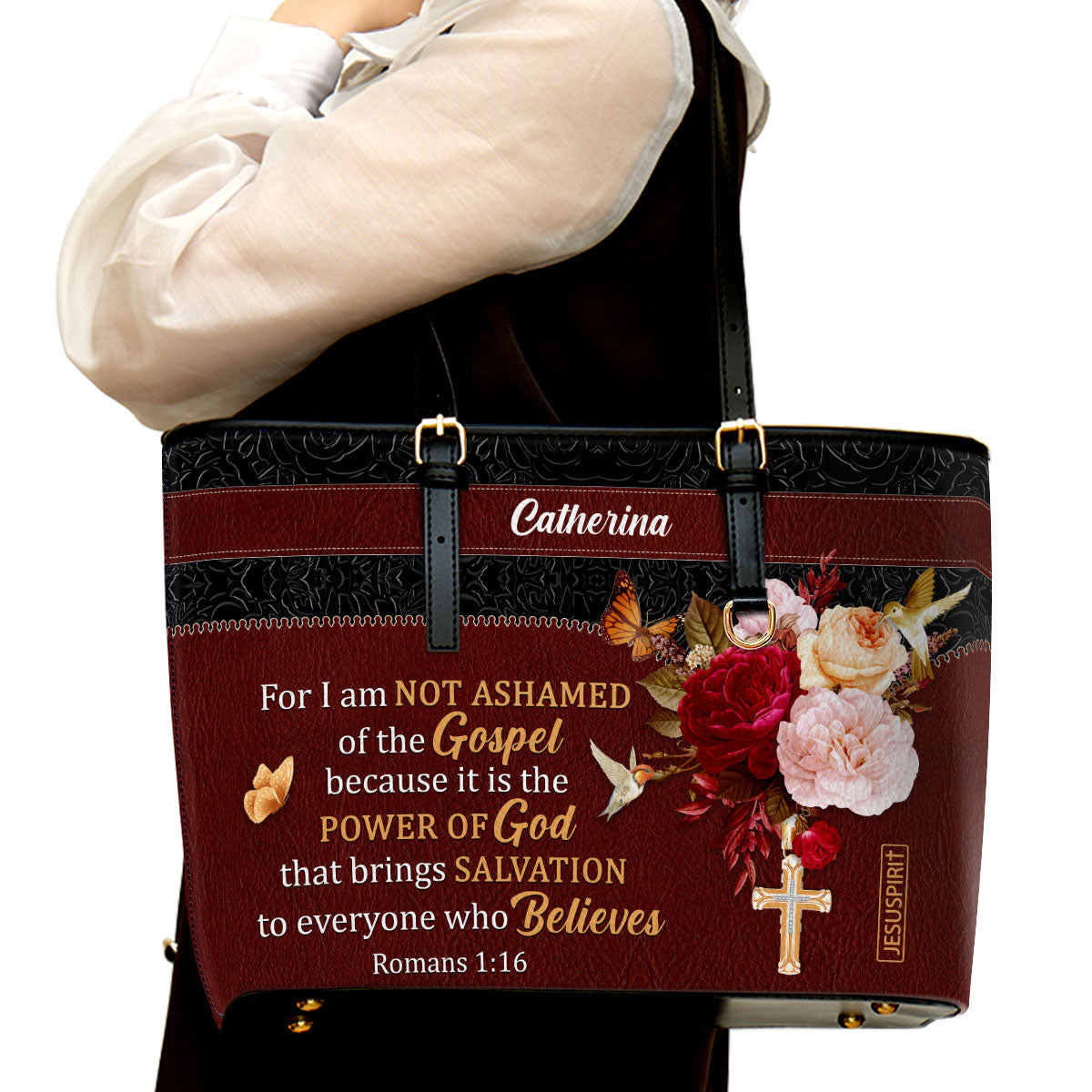 Pretty Personalized Large Leather Tote Bag - For I Am Not Ashamed Of The Gospel NUM467