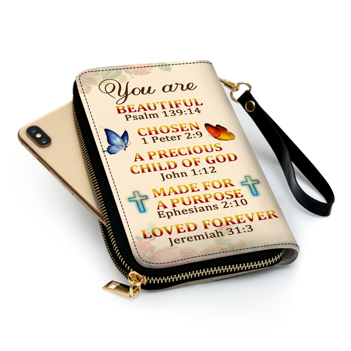 Jesuspirit | Personalized Leather Clutch Purse | A Precious Child Of God | Roses & Butterfly | Beautiful Gift For Christian Ladies CPM705