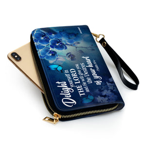 Jesuspirit | Psalm 37:4 | Personalized Leather Clutch Purse | Delight Yourself In The Lord | Blue Orchids And Lilac CPH47