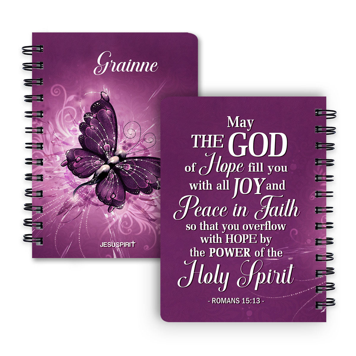 Jesuspirit | Scripture Gifts For Church Members | Romans 15:13 | Personalized Purple Butterfly Spiral Journal SJH729