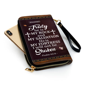 Jesuspirit | He Is My Fortress, I Will Not Be Shaken | Psalm 62:6 | Lion And Lamb | Gifts Scripture For Religious Women | Personalized Zippered Leather Clutch Purse NUM443C