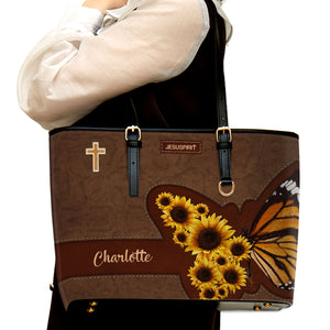 Jesuspirit | Sunflower And Butterfly | Personalized Large Leather Tote Bag With Long Strap | Spiritual Gifts For Women of God LLTBHN653