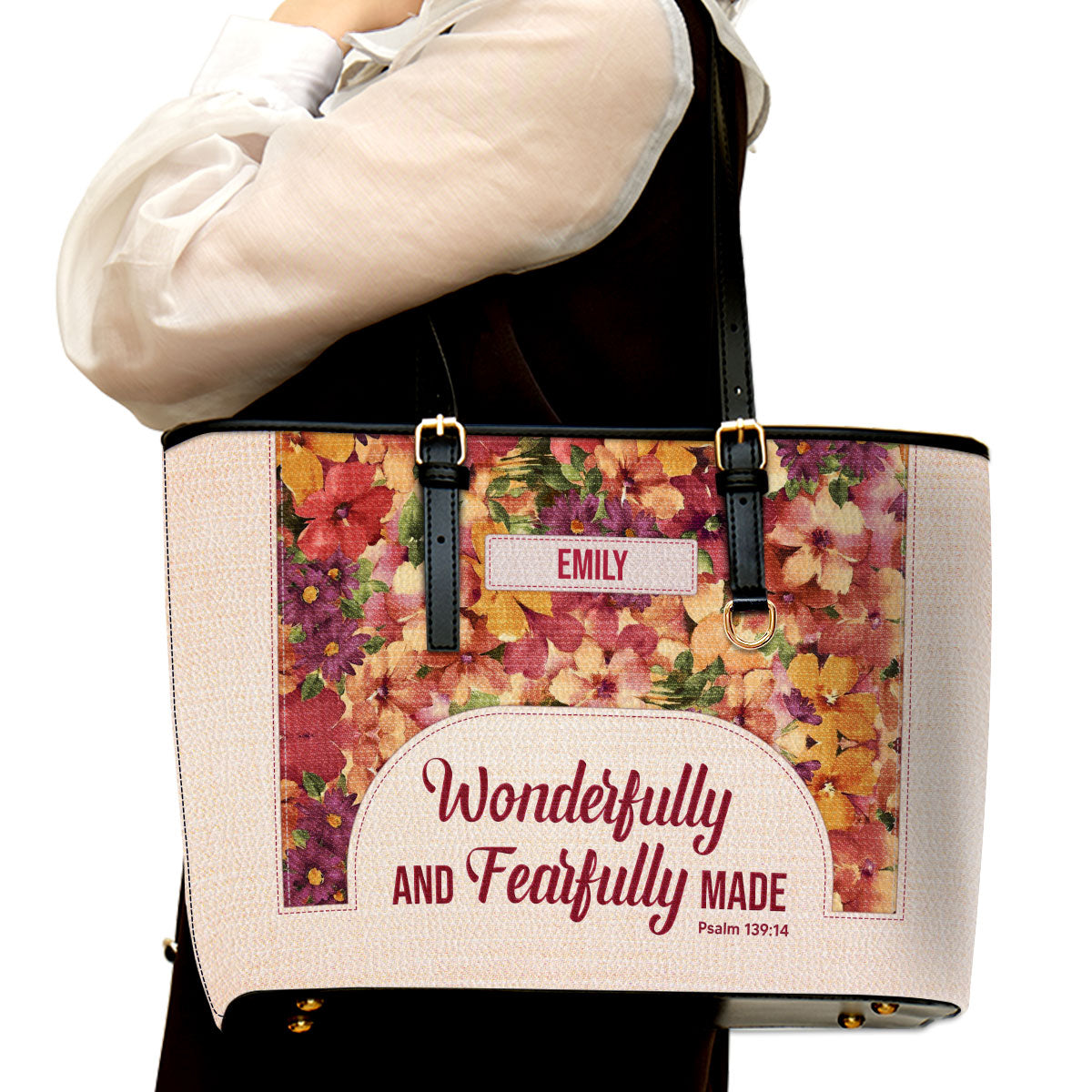 Jesuspirit | Wonderfully And Fearfully Made | Psalm 139:14 | Personalized Large Leather Tote Bag With Long Strap | Gift For Her LLTBHN810