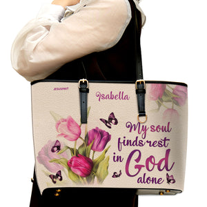 Jesuspirit | Tulip & Butterfly | Personalized Large Leather Tote Bag With Long Strap | Christian Inspirational Gifts For Women Of God LLTBHN654