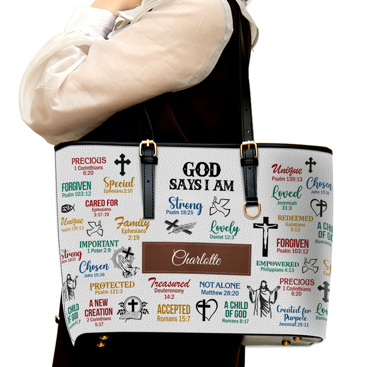 Jesuspirit | What God Says About You | Personalized Large Leather Tote Bag With Long Strap | Christ Gifts For Religious Women LLTBH742