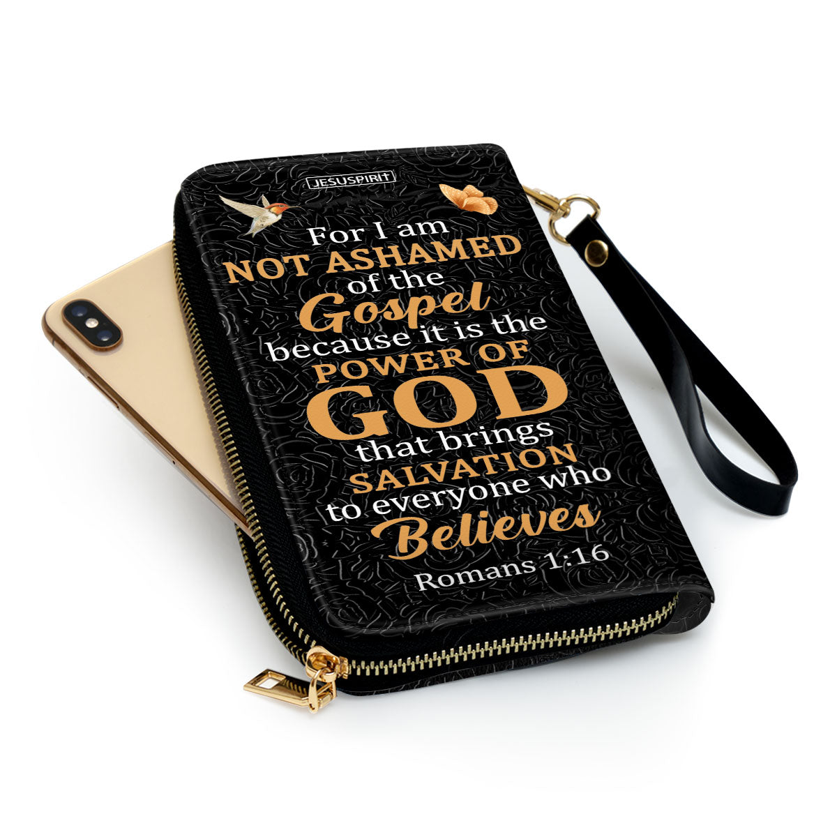 Jesuspirit | Personalized Zippered Leather Clutch Purse | Romans 1:16 | Gift Scriptures For Religious Women | For I Am Not Ashamed Of The Gospel NUM467C