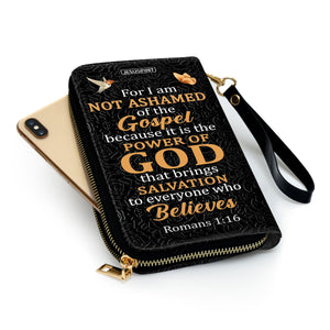 Jesuspirit | Personalized Zippered Leather Clutch Purse | Romans 1:16 | Gift Scriptures For Religious Women | For I Am Not Ashamed Of The Gospel NUM467C