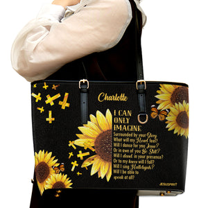 Jesuspirit | Personalized Large Leather Tote Bag With Long Strap | I Can Only Imagine | Sunflower And Cross LLTBHN153